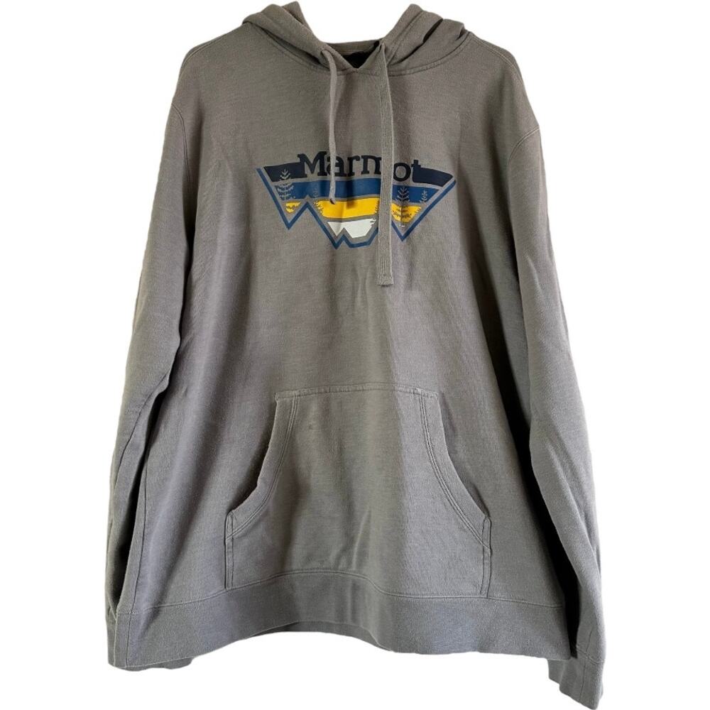 Marmot Logo Hoodie Graphic Pullover Pouch Pockets Drawstring Cotton Gray XL - Picture 2 of 6